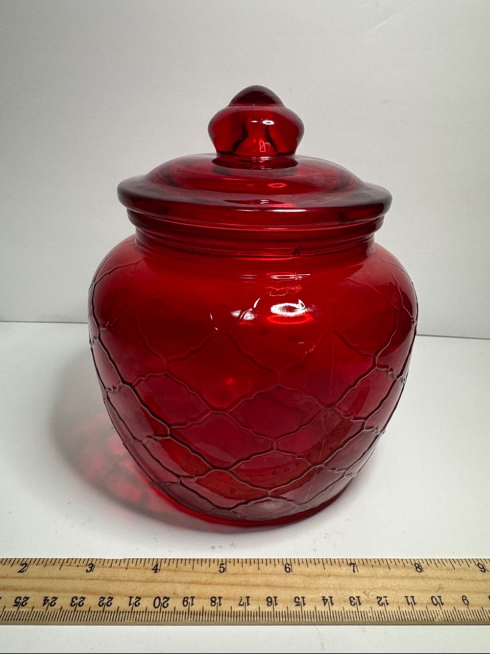 Vintage 1960's FENTON Quilted Diamond Bisquit Jar ~ Red Art Glass 7" Canister